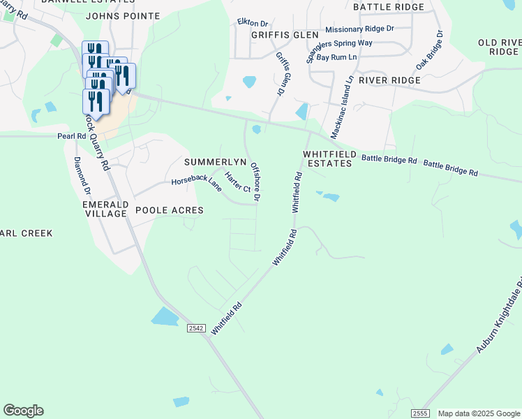 map of restaurants, bars, coffee shops, grocery stores, and more near 4405 Offshore Drive in Raleigh
