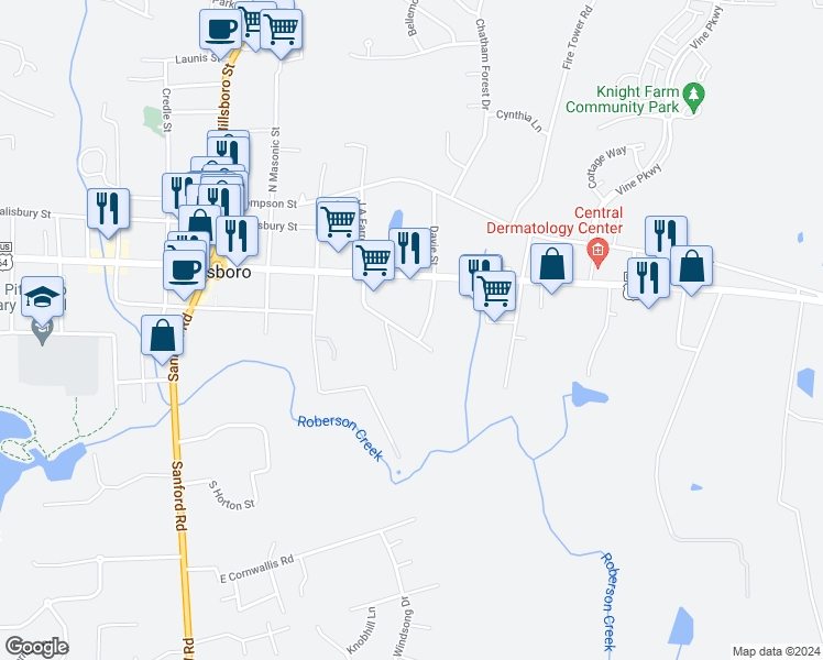 map of restaurants, bars, coffee shops, grocery stores, and more near 185 Toomer Loop Road in Pittsboro