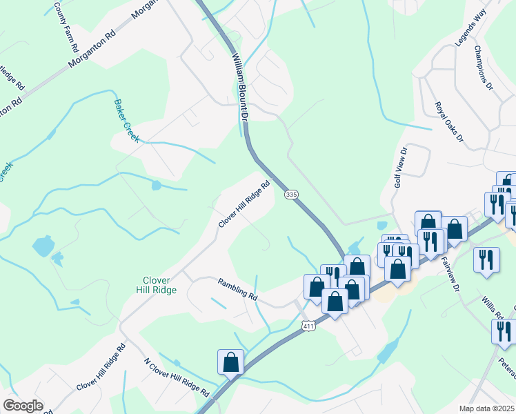map of restaurants, bars, coffee shops, grocery stores, and more near 2716 Clover Hill Ridge Road in Maryville