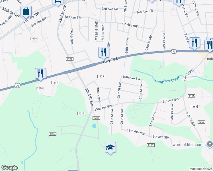 map of restaurants, bars, coffee shops, grocery stores, and more near 2816 11th Avenue Southwest in Hickory
