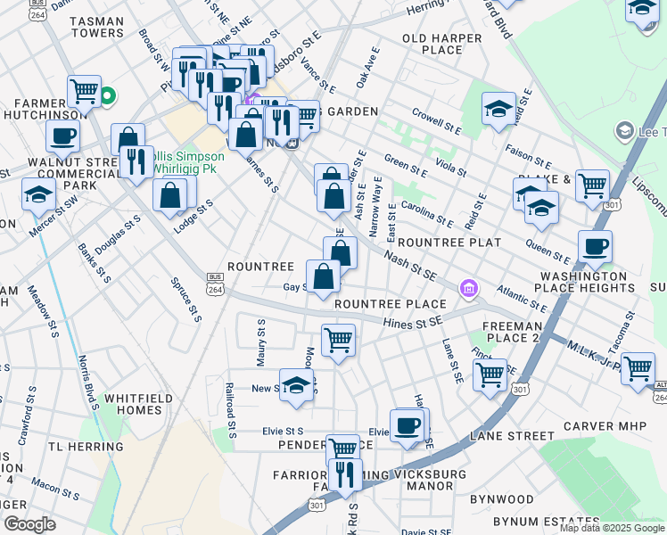 map of restaurants, bars, coffee shops, grocery stores, and more near 319 Pender Street Southeast in Wilson