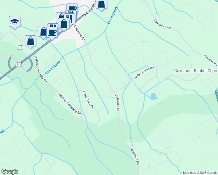 map of restaurants, bars, coffee shops, grocery stores, and more near 3390 Robeson Road in Pigeon Forge