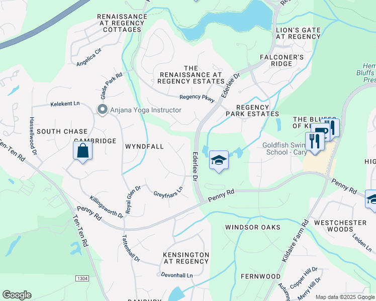 map of restaurants, bars, coffee shops, grocery stores, and more near 102 Withwyndle Court in Cary