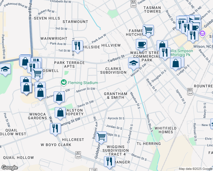 map of restaurants, bars, coffee shops, grocery stores, and more near 1013 Mercer St SW in Wilson