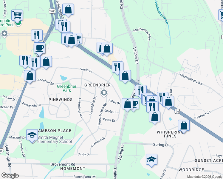 map of restaurants, bars, coffee shops, grocery stores, and more near 3725 Vesta Drive in Raleigh
