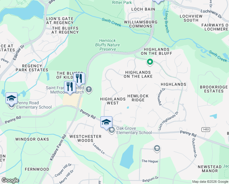 map of restaurants, bars, coffee shops, grocery stores, and more near 305 Crickentree Drive in Cary