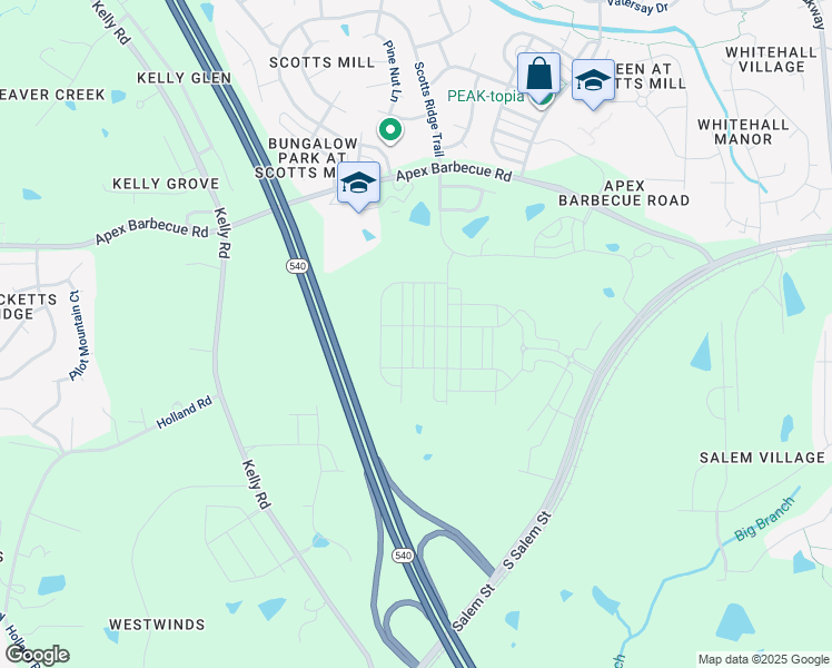map of restaurants, bars, coffee shops, grocery stores, and more near Western Wake Freeway in Apex