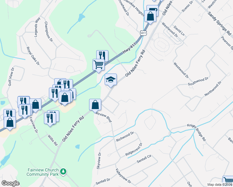 map of restaurants, bars, coffee shops, grocery stores, and more near 2130 Old Niles Ferry Road in Maryville