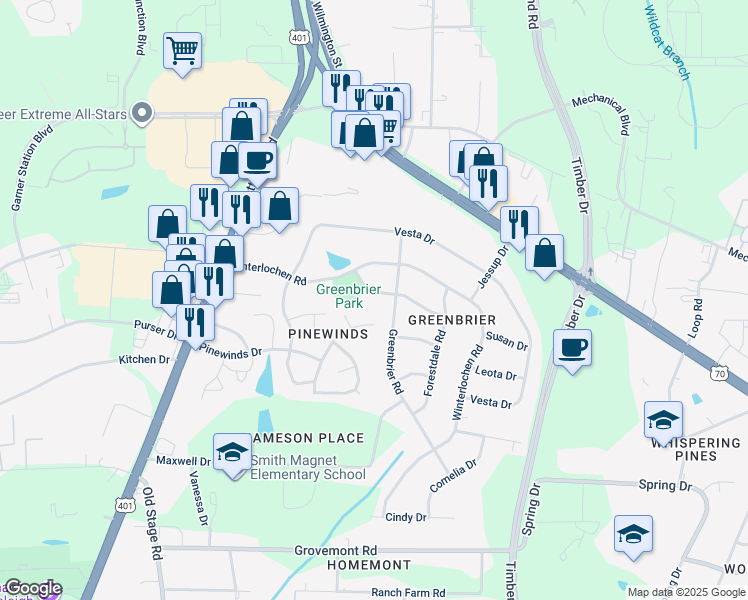 map of restaurants, bars, coffee shops, grocery stores, and more near 505 Roxanne Drive in Raleigh