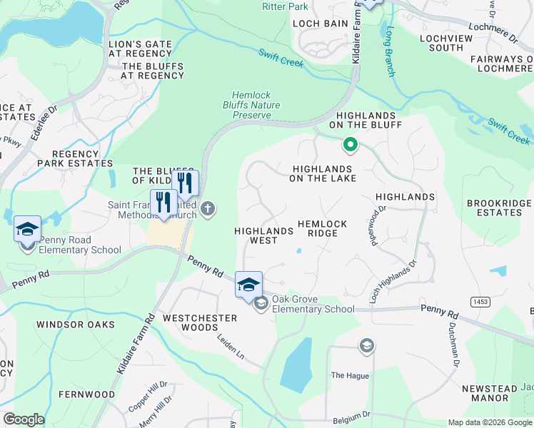 map of restaurants, bars, coffee shops, grocery stores, and more near 305 Crickentree Drive in Cary