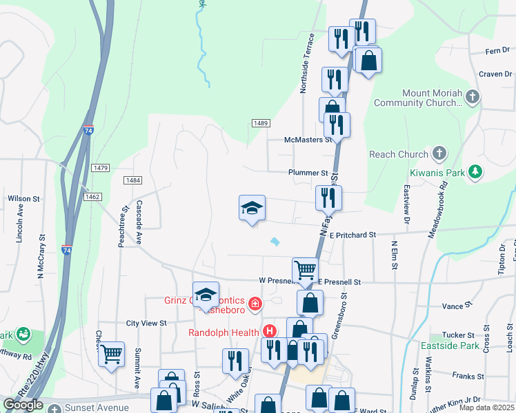map of restaurants, bars, coffee shops, grocery stores, and more near 245 Hampton Road in Asheboro