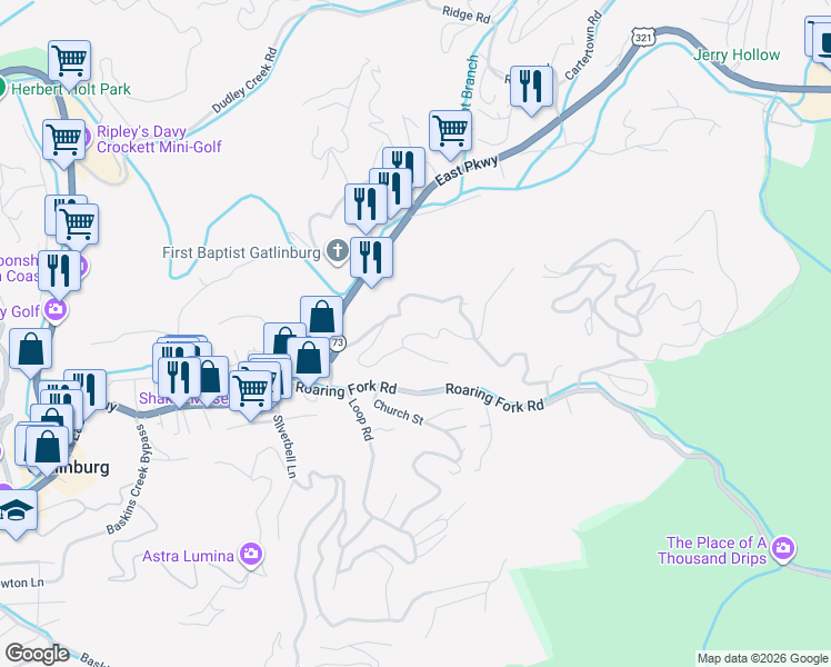 map of restaurants, bars, coffee shops, grocery stores, and more near Brownsridge Road in Gatlinburg
