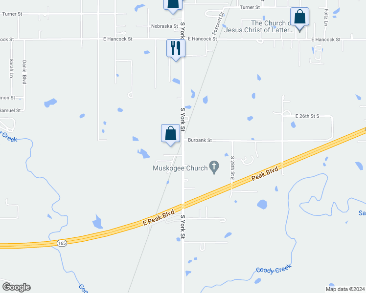 map of restaurants, bars, coffee shops, grocery stores, and more near South York Street in Muskogee