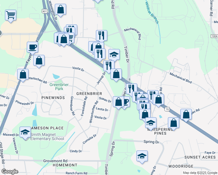 map of restaurants, bars, coffee shops, grocery stores, and more near 3724 Vesta Drive in Raleigh