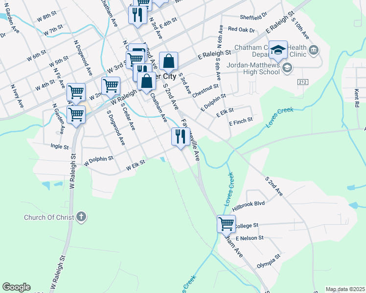 map of restaurants, bars, coffee shops, grocery stores, and more near 505 South Chatham Avenue in Siler City