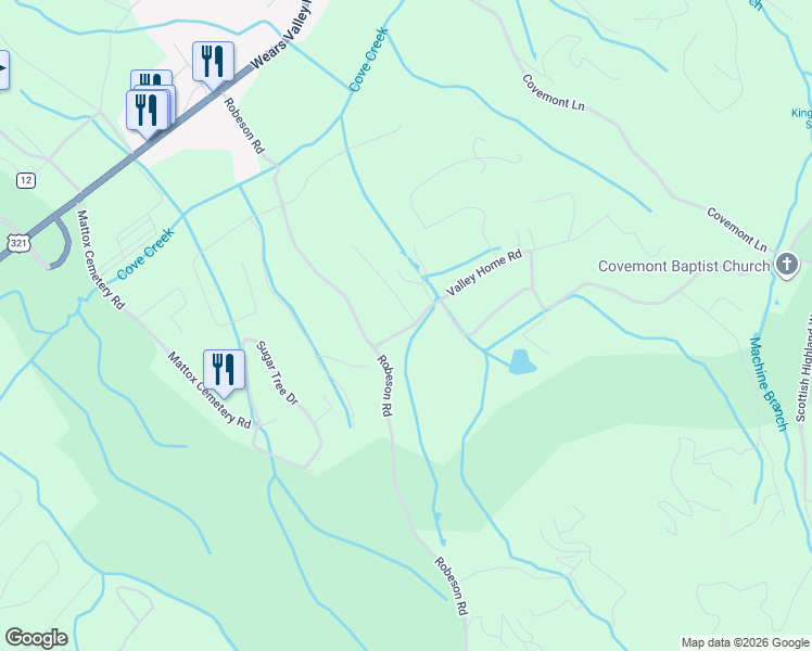 map of restaurants, bars, coffee shops, grocery stores, and more near 3260 Covemont Road in Sevierville