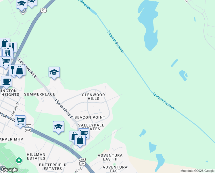 map of restaurants, bars, coffee shops, grocery stores, and more near 2103 Shamrock Dr E in Wilson