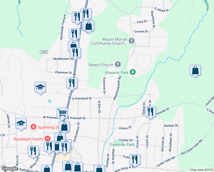 map of restaurants, bars, coffee shops, grocery stores, and more near 725 Meadowbrook Road in Asheboro