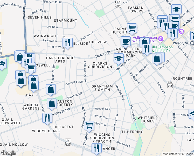 map of restaurants, bars, coffee shops, grocery stores, and more near 1013 Mercer St SW in Wilson