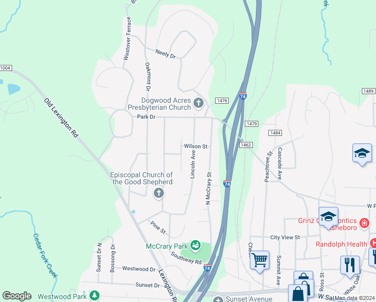 map of restaurants, bars, coffee shops, grocery stores, and more near 637 Lincoln Avenue in Asheboro
