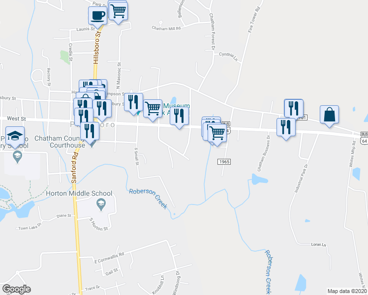 map of restaurants, bars, coffee shops, grocery stores, and more near 243 Toomer Loop Road in Pittsboro