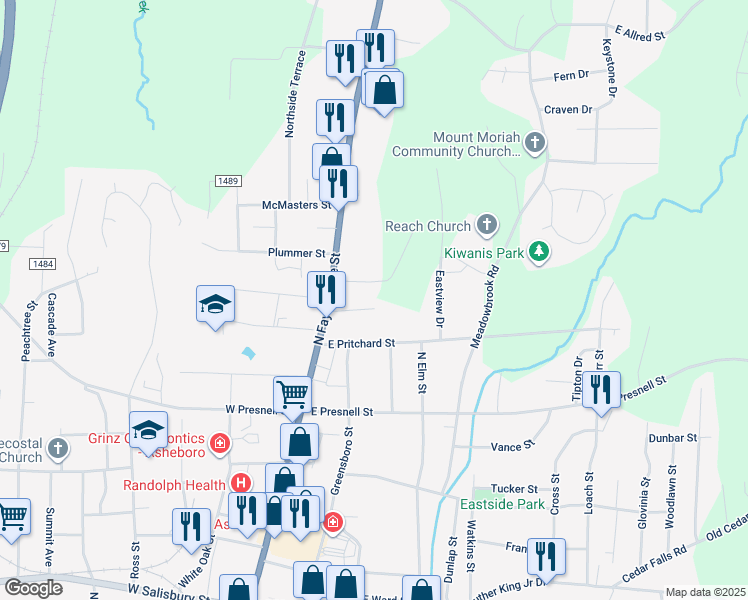 map of restaurants, bars, coffee shops, grocery stores, and more near 128 Carolina Avenue in Asheboro