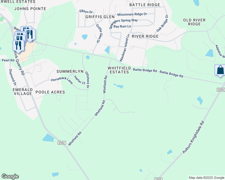 map of restaurants, bars, coffee shops, grocery stores, and more near 4409 Whitfield Road in Raleigh