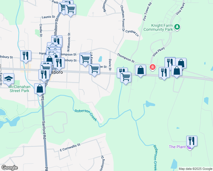 map of restaurants, bars, coffee shops, grocery stores, and more near 243 Toomer Loop Road in Pittsboro