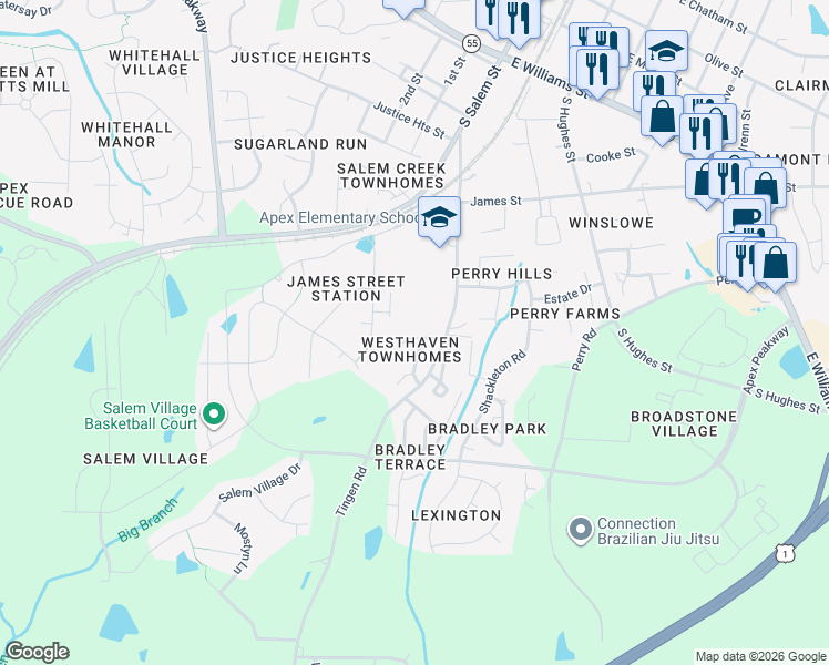 map of restaurants, bars, coffee shops, grocery stores, and more near 232 Harbor Haven Drive in Apex