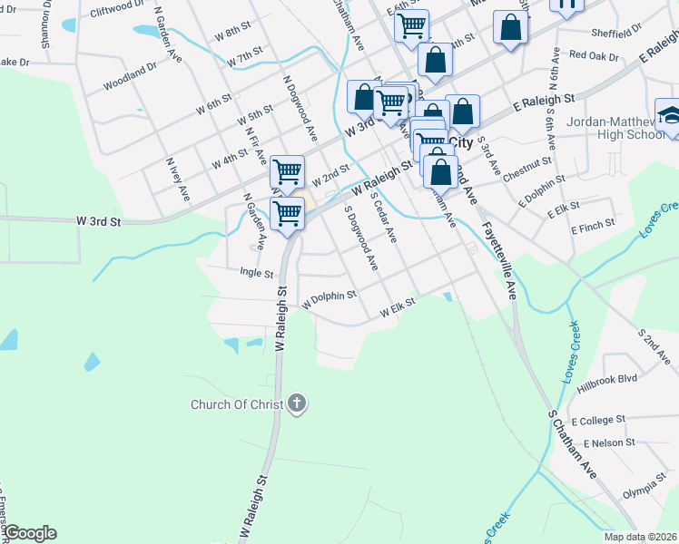 map of restaurants, bars, coffee shops, grocery stores, and more near 326 South Evergreen Avenue in Siler City