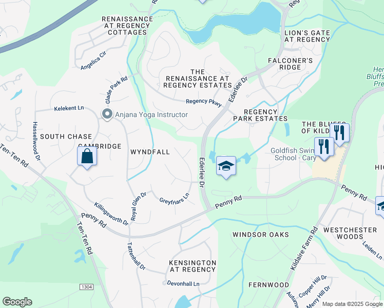 map of restaurants, bars, coffee shops, grocery stores, and more near 102 Withwyndle Court in Cary