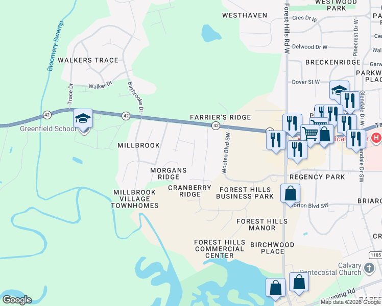 map of restaurants, bars, coffee shops, grocery stores, and more near 3008 Wynfall Lane Southwest in Wilson