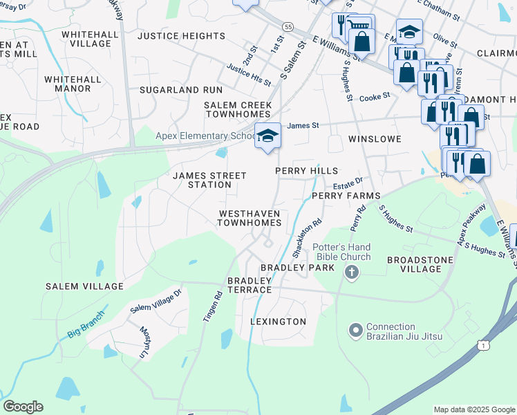 map of restaurants, bars, coffee shops, grocery stores, and more near 114 Harbor Haven Drive in Apex