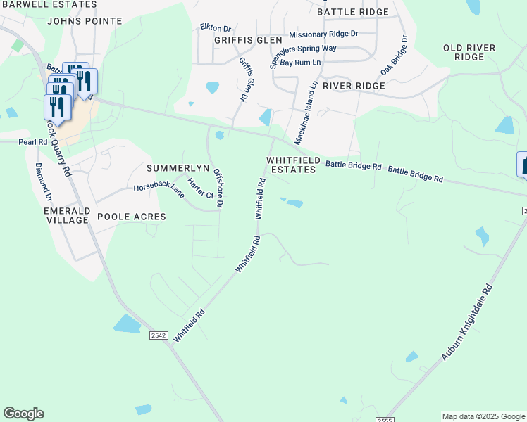 map of restaurants, bars, coffee shops, grocery stores, and more near 4409 Whitfield Road in Raleigh
