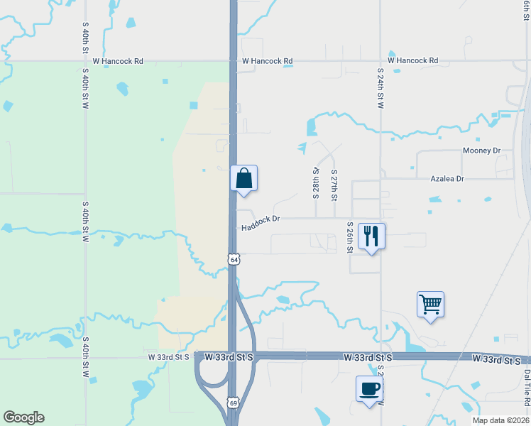 map of restaurants, bars, coffee shops, grocery stores, and more near 2907 Haddock Drive in Muskogee