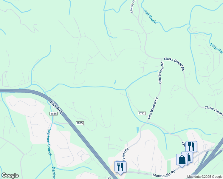 map of restaurants, bars, coffee shops, grocery stores, and more near 230 Ayers Road in Weaverville
