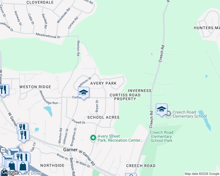 map of restaurants, bars, coffee shops, grocery stores, and more near 527 Avery Street in Garner