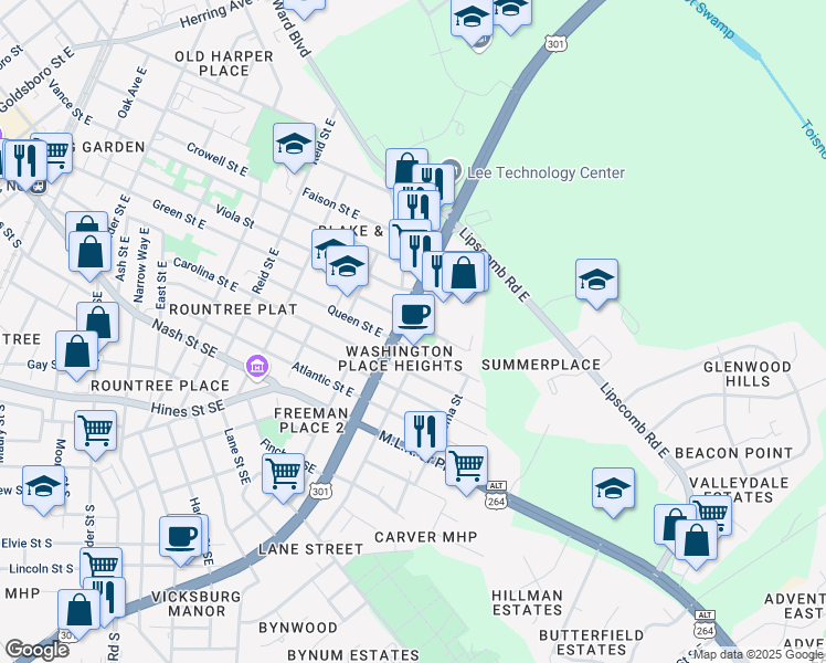 map of restaurants, bars, coffee shops, grocery stores, and more near 1504 Fikewood Street East in Wilson