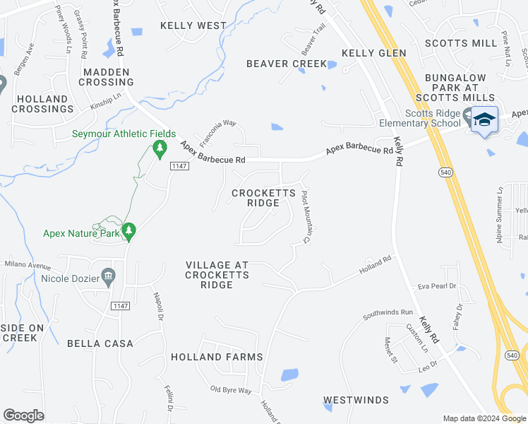 map of restaurants, bars, coffee shops, grocery stores, and more near 2104 Rocky Mountain Way in Apex