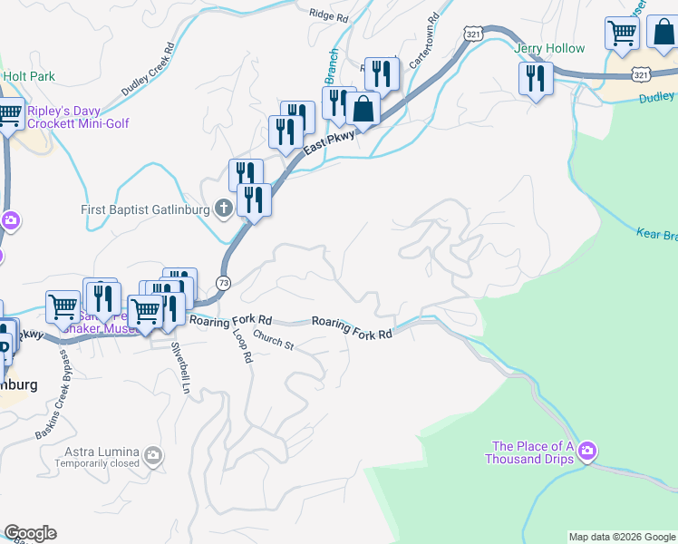 map of restaurants, bars, coffee shops, grocery stores, and more near 356 Brownsridge Road in Gatlinburg