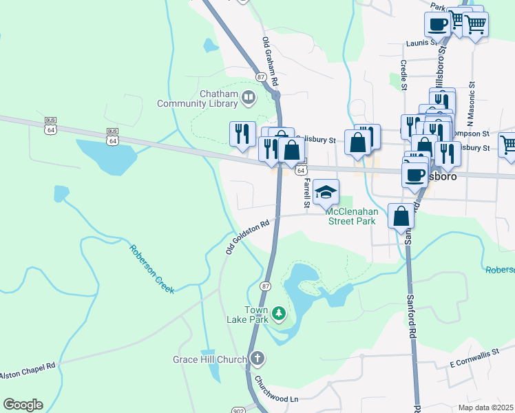 map of restaurants, bars, coffee shops, grocery stores, and more near Brown Street in Pittsboro