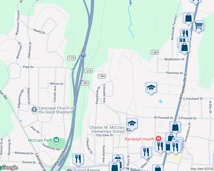 map of restaurants, bars, coffee shops, grocery stores, and more near 639 Cascade Avenue in Asheboro