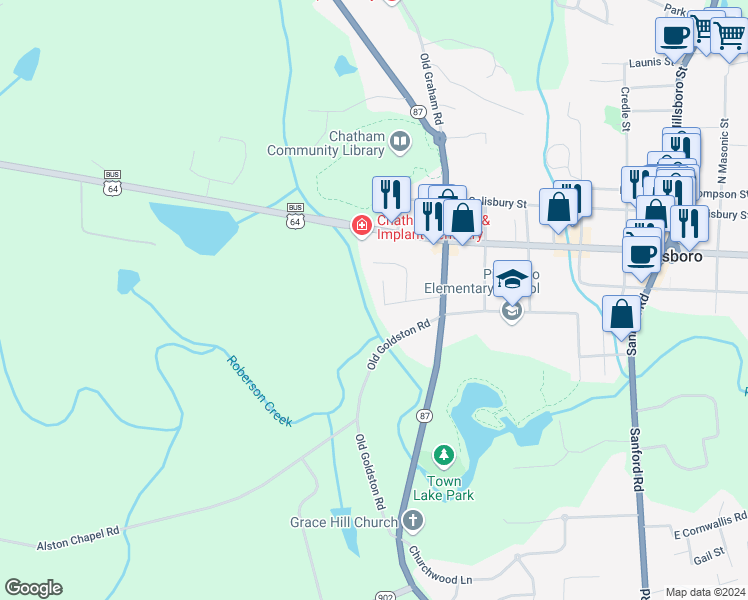 map of restaurants, bars, coffee shops, grocery stores, and more near 136 Brown Street in Pittsboro
