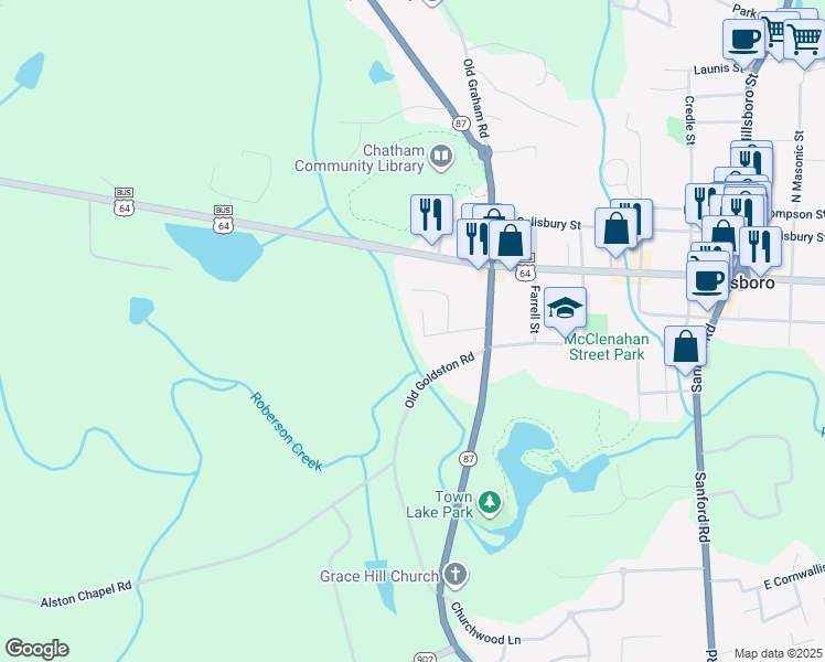 map of restaurants, bars, coffee shops, grocery stores, and more near 136 Brown Street in Pittsboro