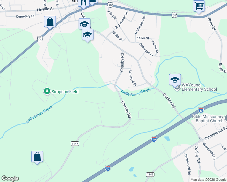 map of restaurants, bars, coffee shops, grocery stores, and more near 312 Causby Road in Morganton