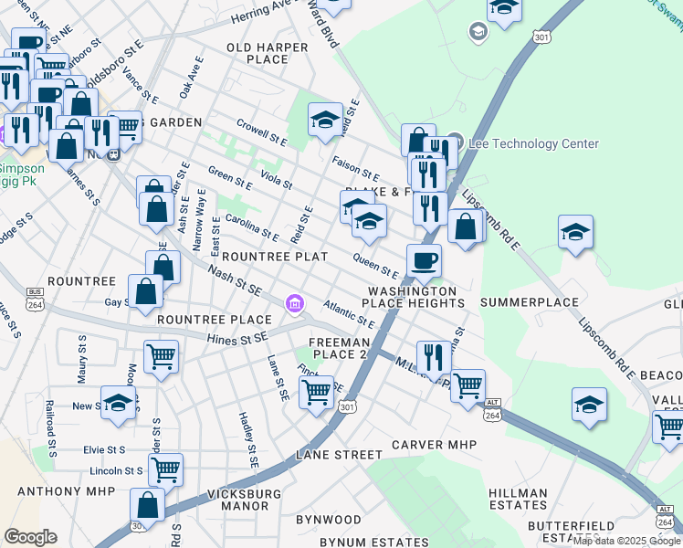 map of restaurants, bars, coffee shops, grocery stores, and more near 1300 Carolina Street East in Wilson