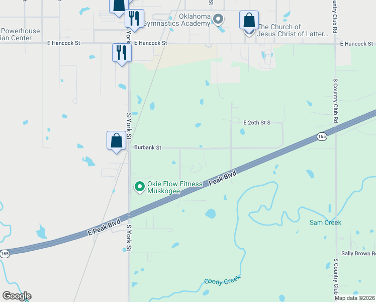 map of restaurants, bars, coffee shops, grocery stores, and more near 2720 South 28th Street East in Muskogee