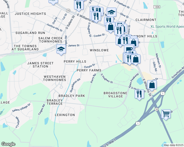 map of restaurants, bars, coffee shops, grocery stores, and more near 809 Teulon Way in Apex