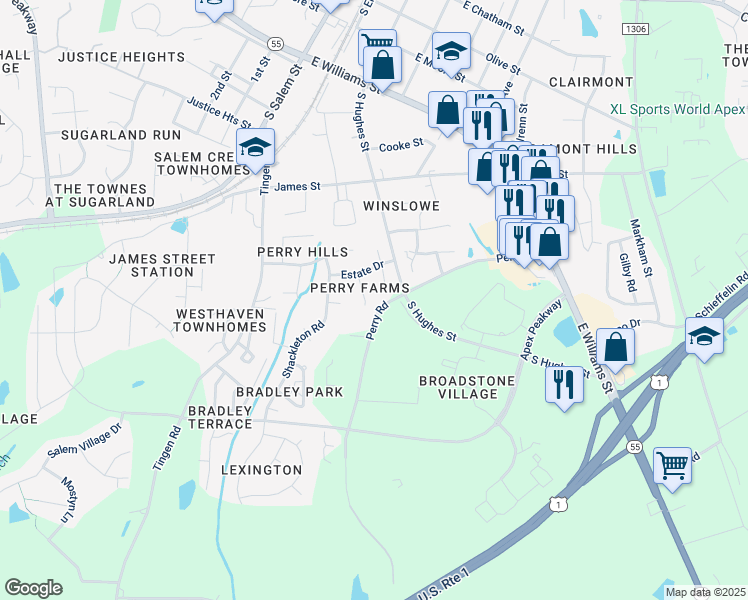map of restaurants, bars, coffee shops, grocery stores, and more near 809 Teulon Way in Apex