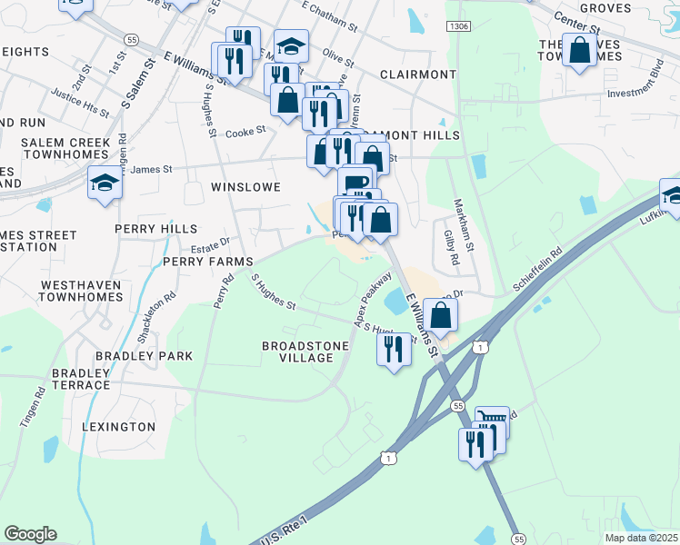 map of restaurants, bars, coffee shops, grocery stores, and more near Cambridge Village Loop in Apex